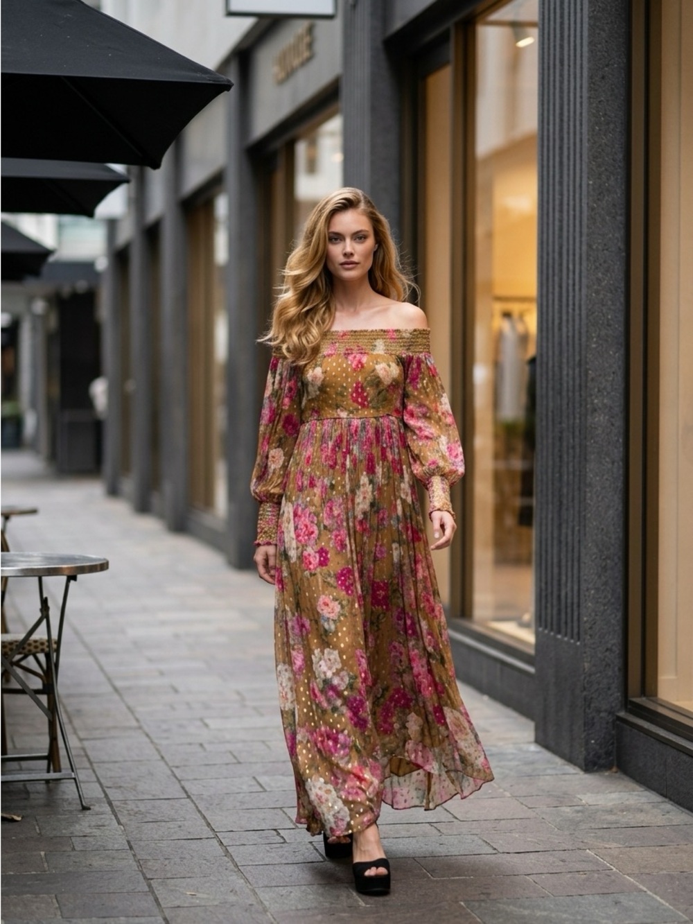 Rococo Sand Floral Maxi Dress in Mustard and Pink